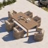 Möbelgarnitur, Tisch 150 cm + 6 Stühle, Teakholz, für Terrasse oder Garten, Seilgeflecht, Kissen inklusive, Gardenia