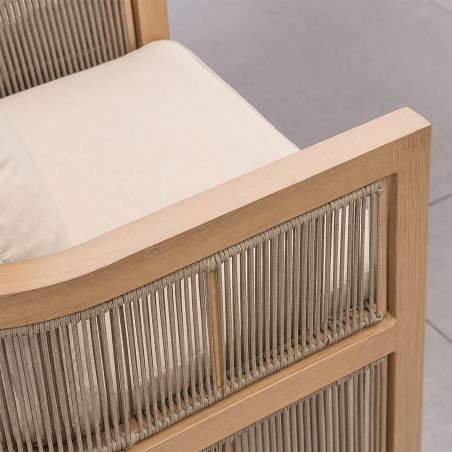 Möbelgarnitur, Tisch 150 cm + 6 Stühle, Teakholz, für Terrasse oder Garten, Seilgeflecht, Kissen inklusive, Gardenia