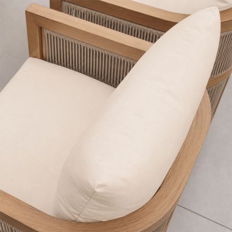 Möbelgarnitur, Tisch 150 cm + 6 Stühle, Teakholz, für Terrasse oder Garten, Seilgeflecht, Kissen inklusive, Gardenia