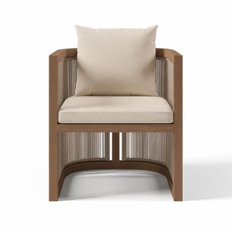 Möbelgarnitur, Tisch 150 cm + 6 Stühle, Teakholz, für Terrasse oder Garten, Seilgeflecht, Kissen inklusive, Gardenia