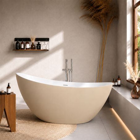 Freistehende Badewanne Acryl, inklusive verchromtem Abfluss Überlauf, Beige Matt, außen weiß innen glänzend, 160 x 80 cm, Cairo
