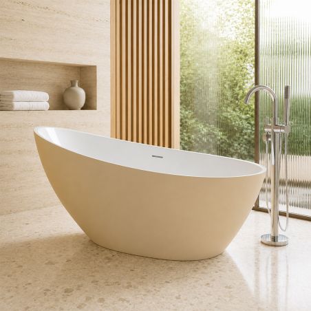 Freistehende Badewanne Acryl, inklusive verchromtem Abfluss Überlauf, Beige Matt, außen weiß innen glänzend, 160 x 80 cm, Cairo