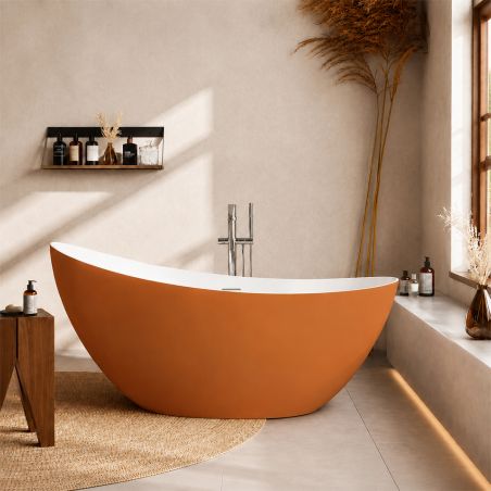 Freistehende Badewanne Acryl, inklusive verchromtem Überlaufventil, außen Orange Matt, innen Weiß Hochglanz, 160 x 80 cm, Cairo