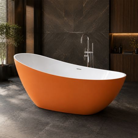 Freistehende Badewanne Acryl, inklusive verchromtem Überlaufventil, außen Orange Matt, innen Weiß Hochglanz, 160 x 80 cm, Cairo