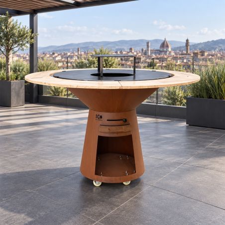 Holzkohlegrill aus Gusseisen, Cortenstahl & Holz, rostbraun, mit Holzfach und Rollen, Ø 100 × H 90 cm,Avangarde