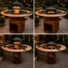 Grill mit Gusseisenplatte Aurelius, Corten 2 mm, Eichenholzplatte, Holzfach, Griff und Lenkrollen, Ø101xH100 cm