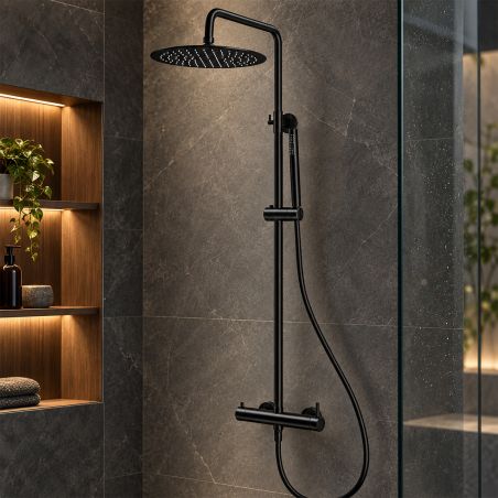 Duschsystem, Mattschwarz, 2 Funktionen, Regenduschkopf, Handbrause, Edelstahl, Wandmontage, Fino