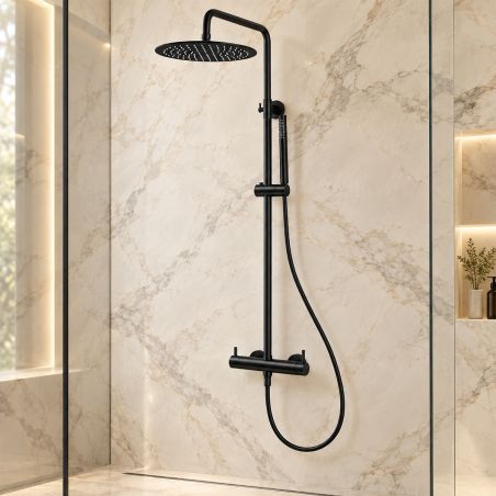 Duschsystem, Mattschwarz, 2 Funktionen, Regenduschkopf, Handbrause, Edelstahl, Wandmontage, Fino