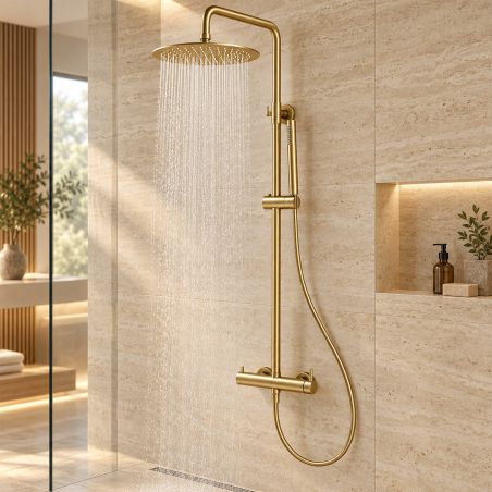 Duschsystem, Mattgold, Wandmontage, 2 Funktionen, Regendusche, Handbrause, Edelstahl, Fino