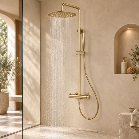 Duschsystem, Mattgold, Wandmontage, 2 Funktionen, Regendusche, Handbrause, Edelstahl, Fino