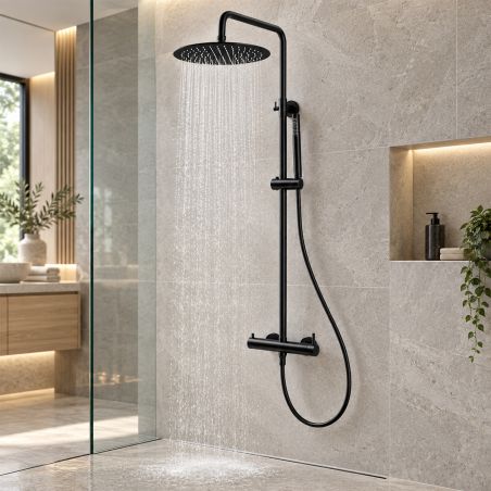 Duschsystem, Mattschwarz, 2 Funktionen, Regenduschkopf, Handbrause, Edelstahl, Wandmontage, Fino