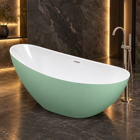 Freistehende Badewanne aus Acryl, verchromtem Überlaufventil, außen Mintgrün matt, innen in Hochglanzweiß, 160 x 80 cm, Cairo