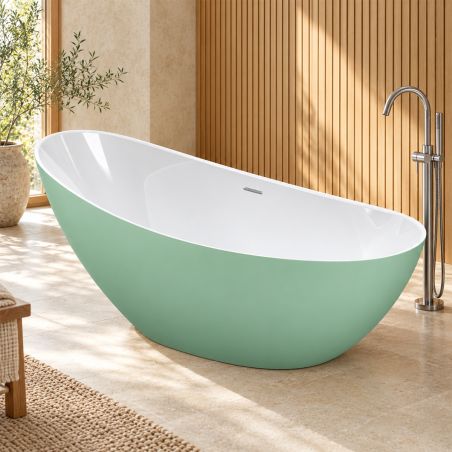 Freistehende Badewanne aus Acryl, verchromtem Überlaufventil, außen Mintgrün matt, innen in Hochglanzweiß, 160 x 80 cm, Cairo