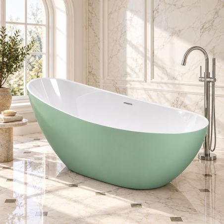 Freistehende Badewanne aus Acryl, verchromtem Überlaufventil, außen Mintgrün matt, innen in Hochglanzweiß, 160 x 80 cm, Cairo