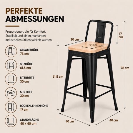Barhocker, verstärkter Rahmen, Eisen, Sitzfläche aus Ulmenholz, Industriedesign, 40 x 40 x 78 cm, Timo