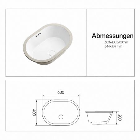 Waschtisch, Einbauinstallation, Sanitärkeramik, Maße: 60x40-70x41 cm, Weiß Glanz, Luca