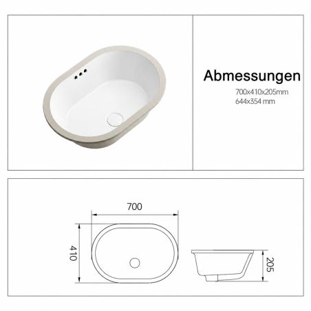 Waschtisch, Einbauinstallation, Sanitärkeramik, Maße: 60x40-70x41 cm, Weiß Glanz, Luca