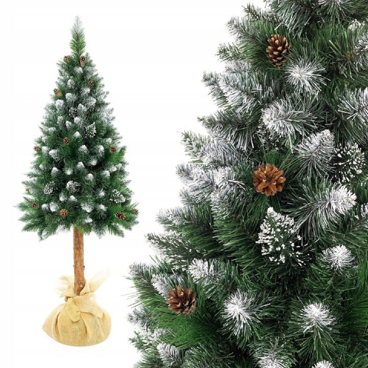 Weihnachtsbaum, 180 cm, beschneit, mit Zapfen, auf natürlichem Stamm, besonderes Design, EGO Diamentowa