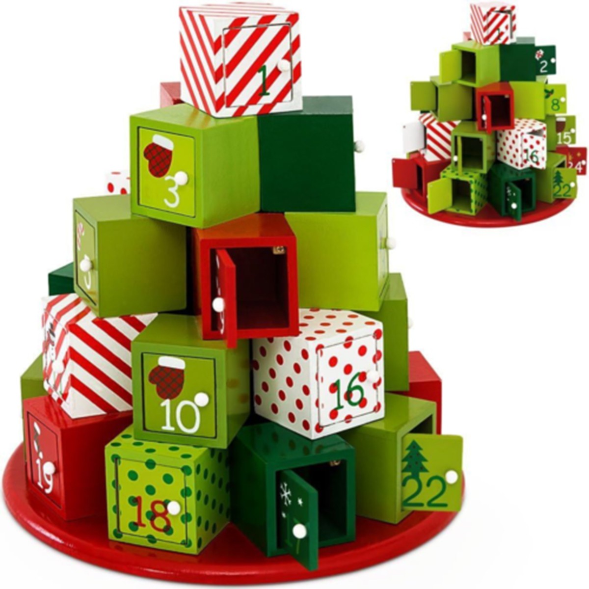 Weihnachtsdekoration, Adventskalender mit 24 Schubladen, Tannenbaumform, MDF, 30,5 x 27 cm, Ego
