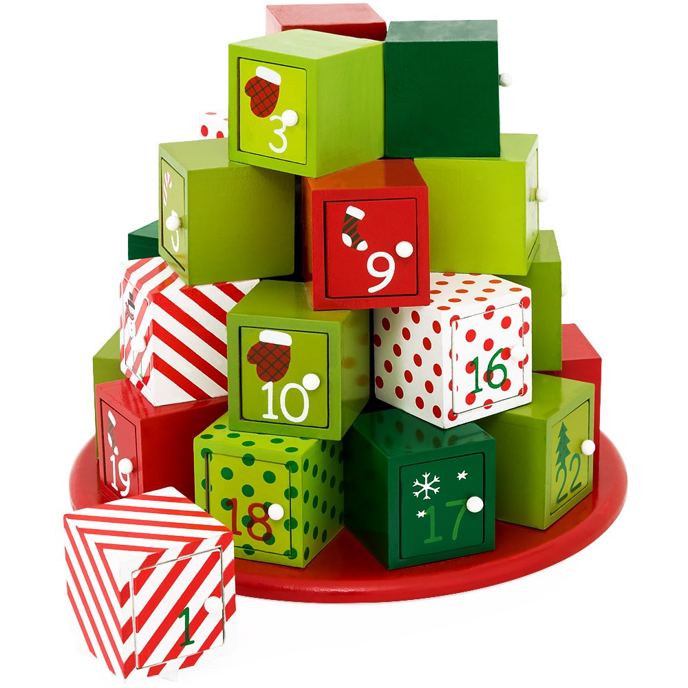 Weihnachtsdekoration, Adventskalender mit 24 Schubladen, Tannenbaumform, MDF, 30,5 x 27 cm, Ego