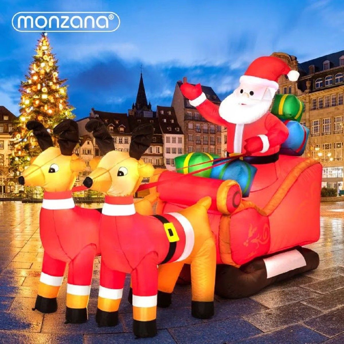 Aufblasbare Weihnachtsfigur Weihnachtsmann mit Schlitten, 240 x 92 cm, 6 dekorative LEDs, mit elektrischem Gebläse