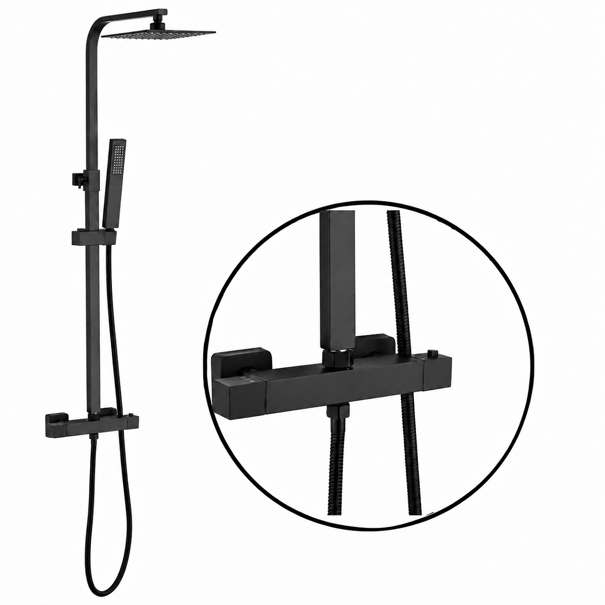 Thermostat-Duschsystem, 2 Funktionen, Regendusche, Handbrause, Wandmontage, Matt Schwarz, Hermes