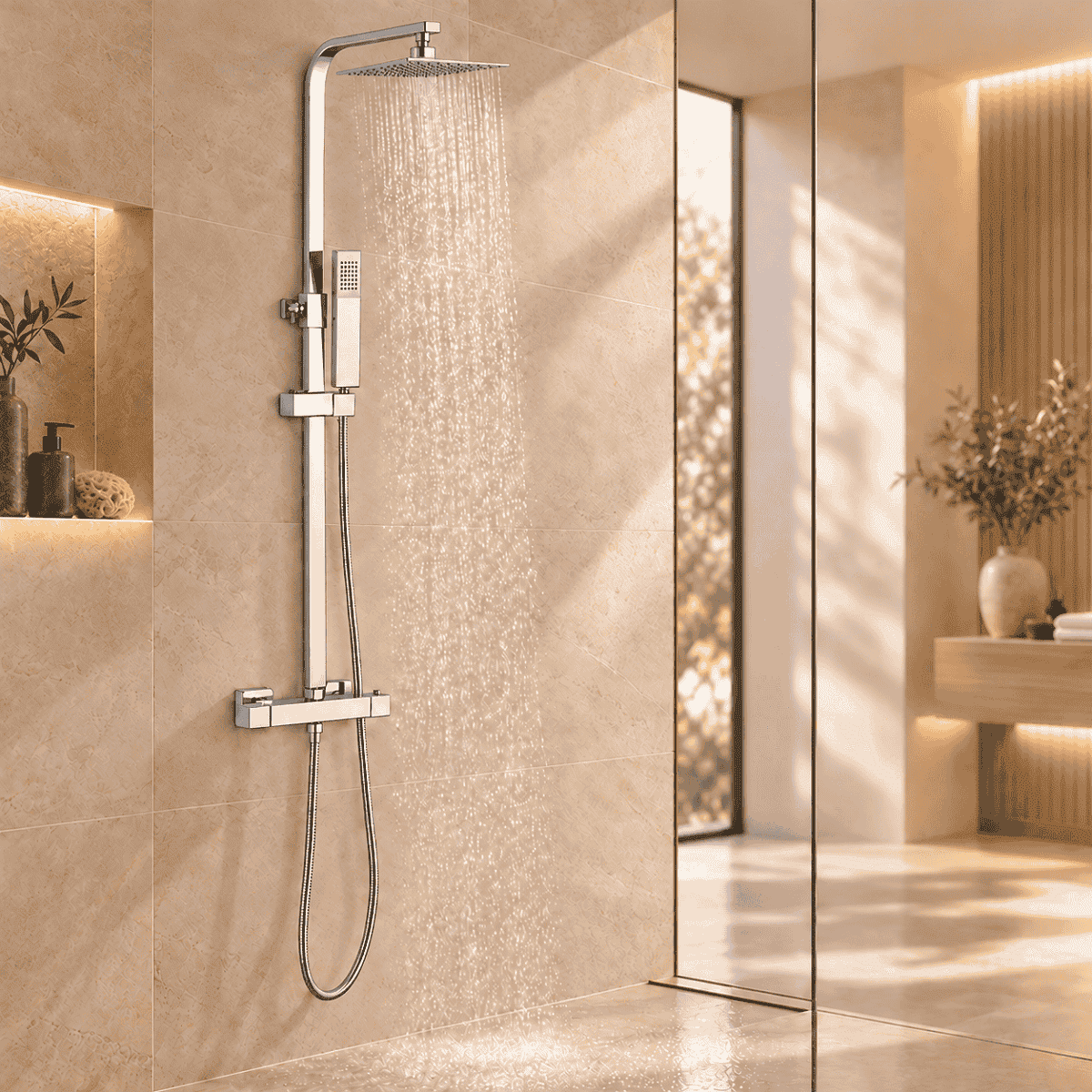 Thermostat-Duschsystem, 2 Funktionen, Regenduschkopf, Handbrause, Wandmontage, Chrom, Hermes