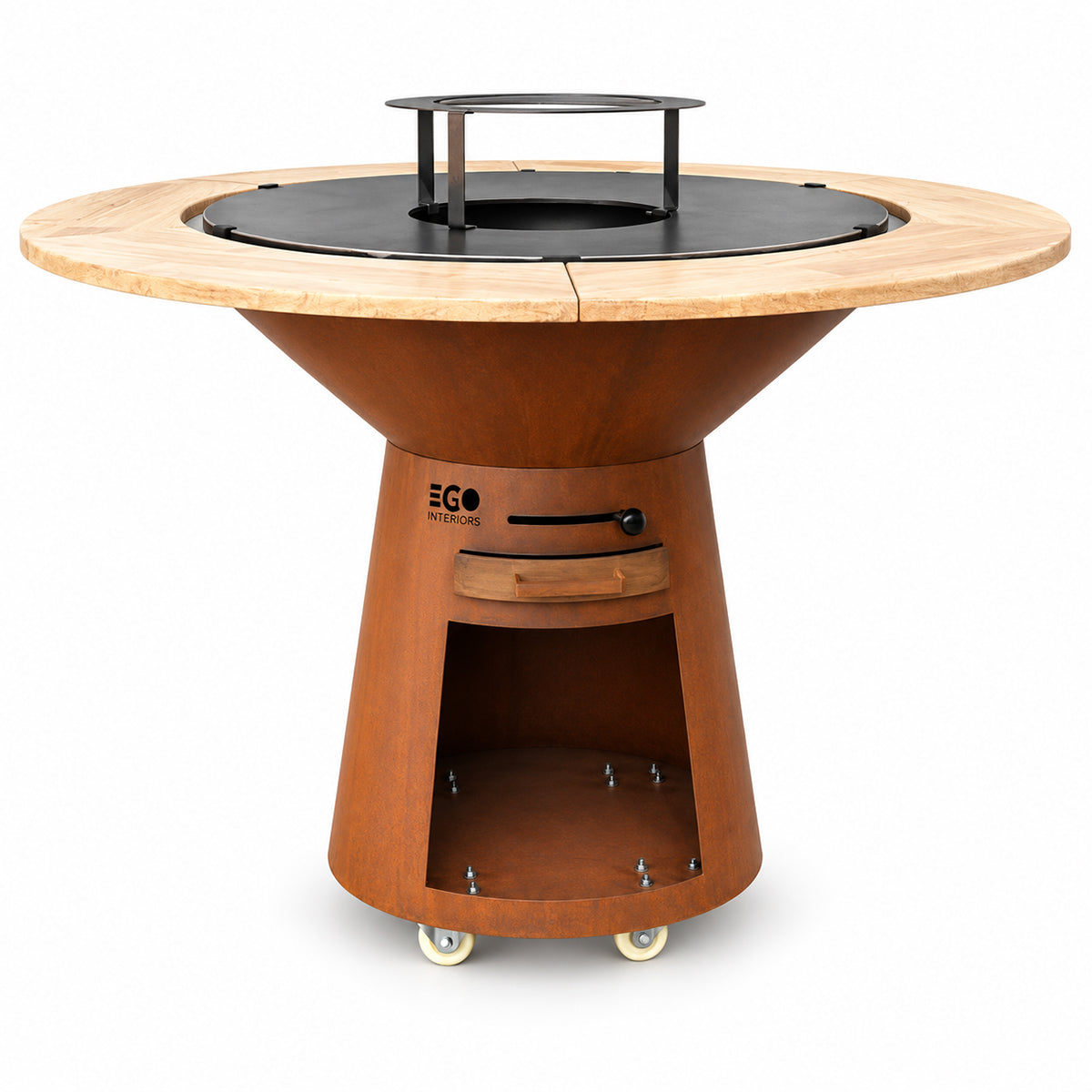 Holzkohlegrill aus Gusseisen, Cortenstahl & Holz, rostbraun, mit Holzfach und Rollen, Ø 100 × H 90 cm,Avangarde