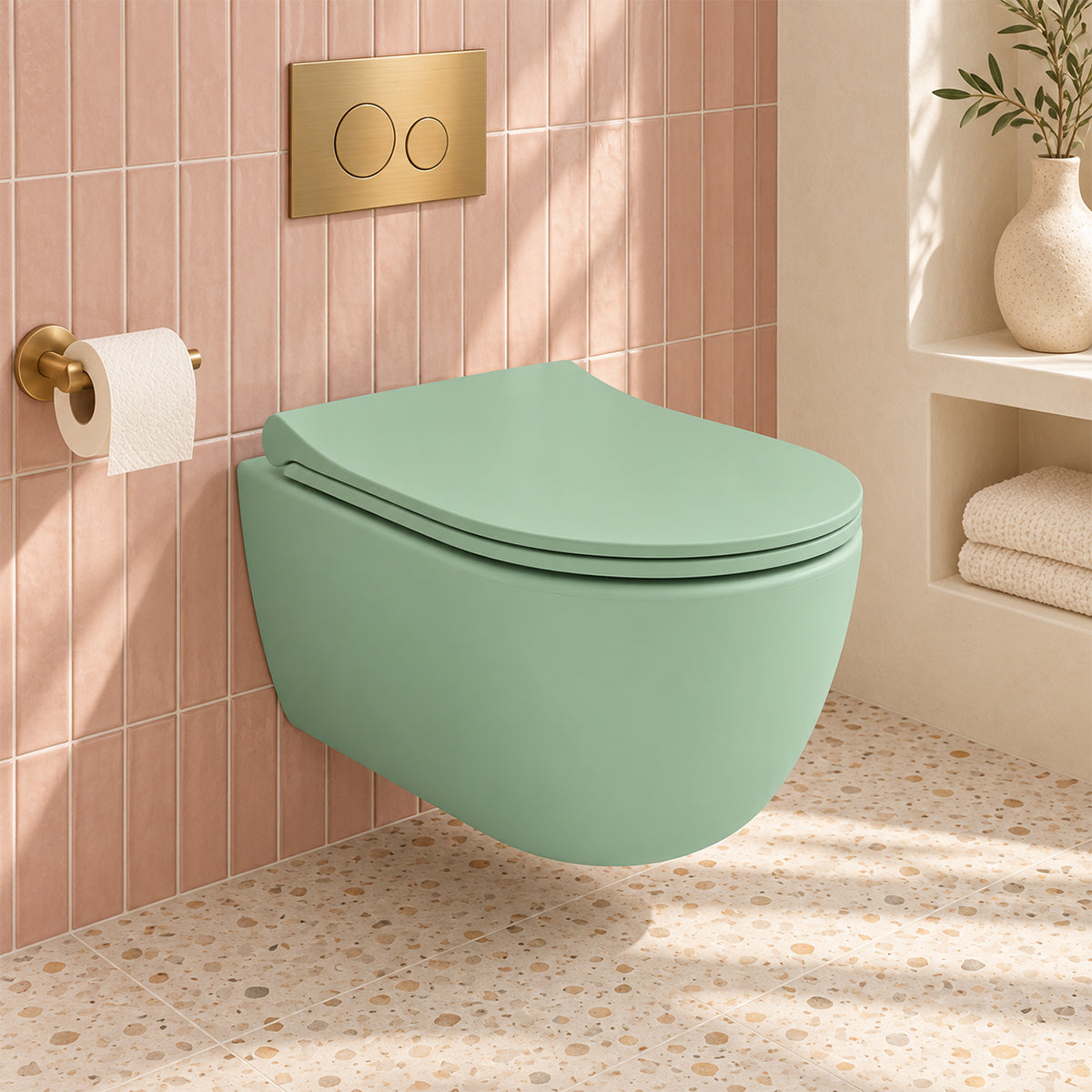 WC-Schüssel EGO Michael Rimless, 49x36 cm, Mintgrün matt, Power Colour, hängende Montage, Soft-Close-Duroplast-Deckel sch