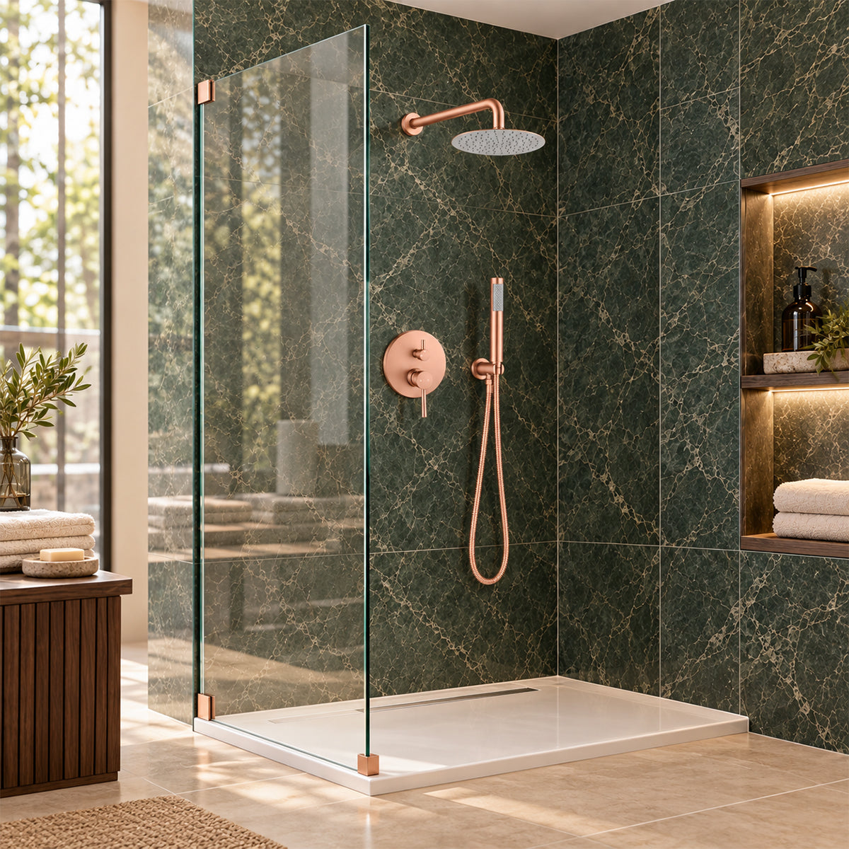 Sistem de dus, otel, Rose Gold, 2 functii, dus tip ploaie, dus de mana, montaj pe perete, Fino