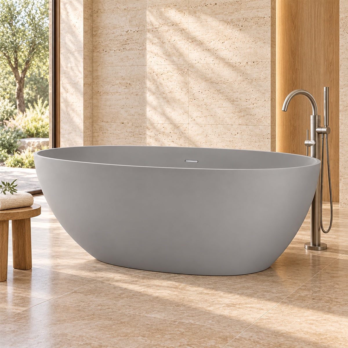 Badewanne, Mineralwerkstoff, freistehend, Zementgrau matt, inklusive Chromarmatur, 170 x 78 cm, Aveline