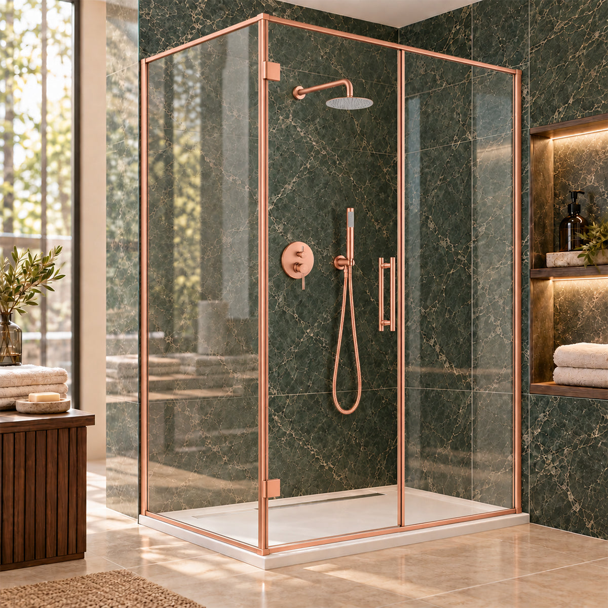 Sistem de dus, otel, Rose Gold, 2 functii, dus tip ploaie, dus de mana, montaj pe perete, Fino