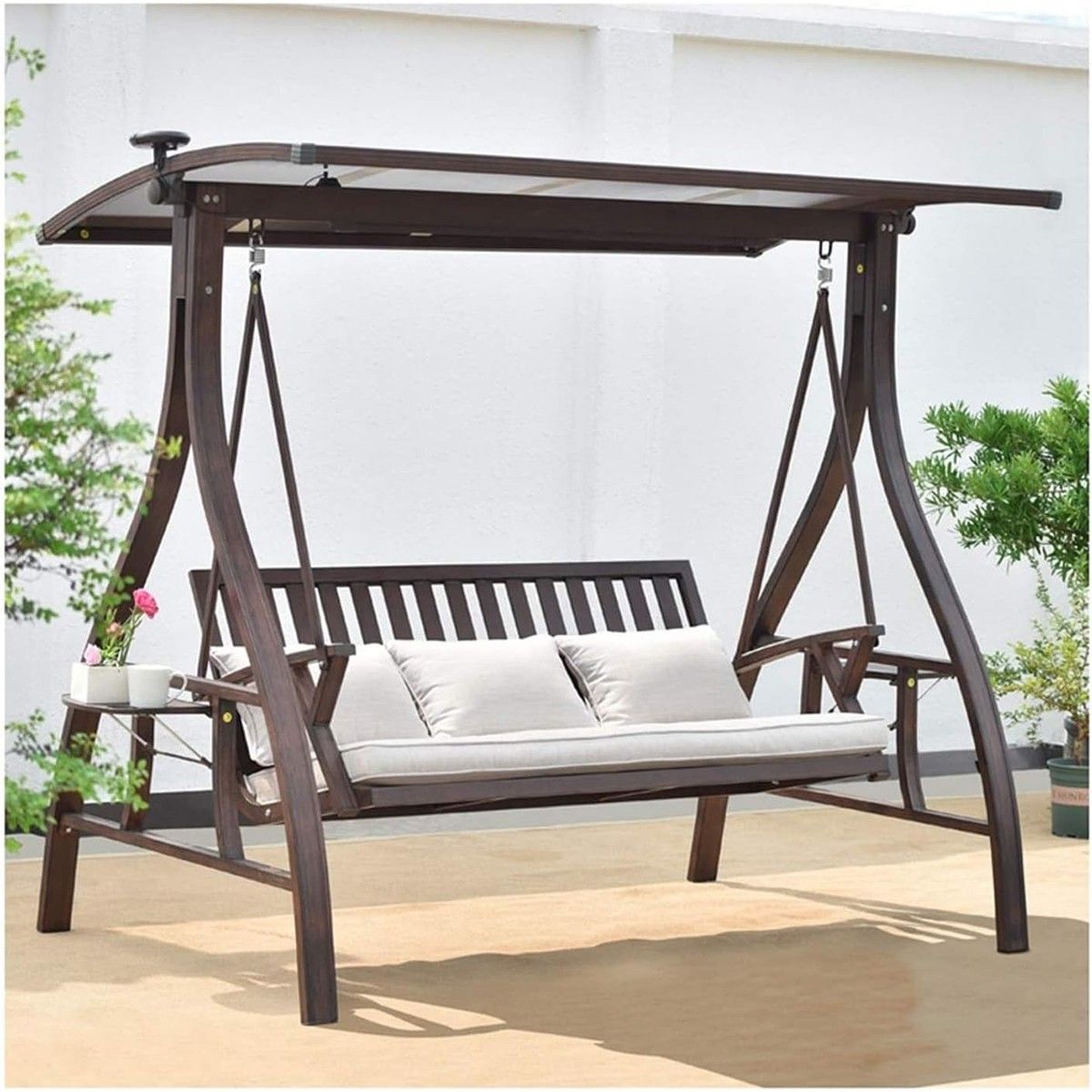3-Sitzer-Schaukelbank, Garten oder Terrasse, Aluminium, LED-Beleuchtung, Getränkehalter, inklusive Kissen, Braun, Solaris