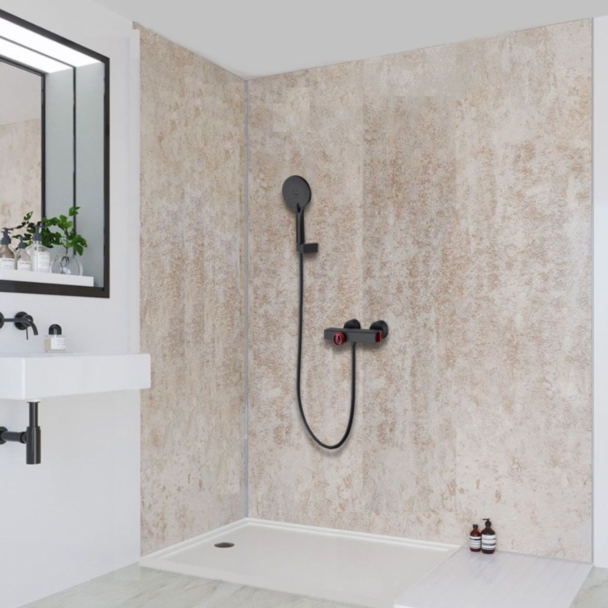 Dusch- und Badewannenarmatur Delta mit Thermostat, Mattschwarz mit Rot, Wandmontage, inklusive Handbrause