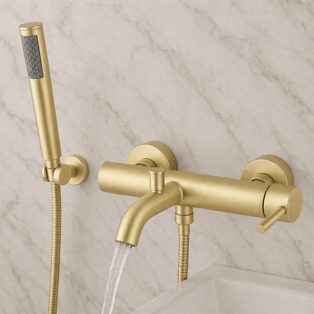 Badewannenarmatur, Wandmontage, Stahl, Handbrause, Mattgold, Fino