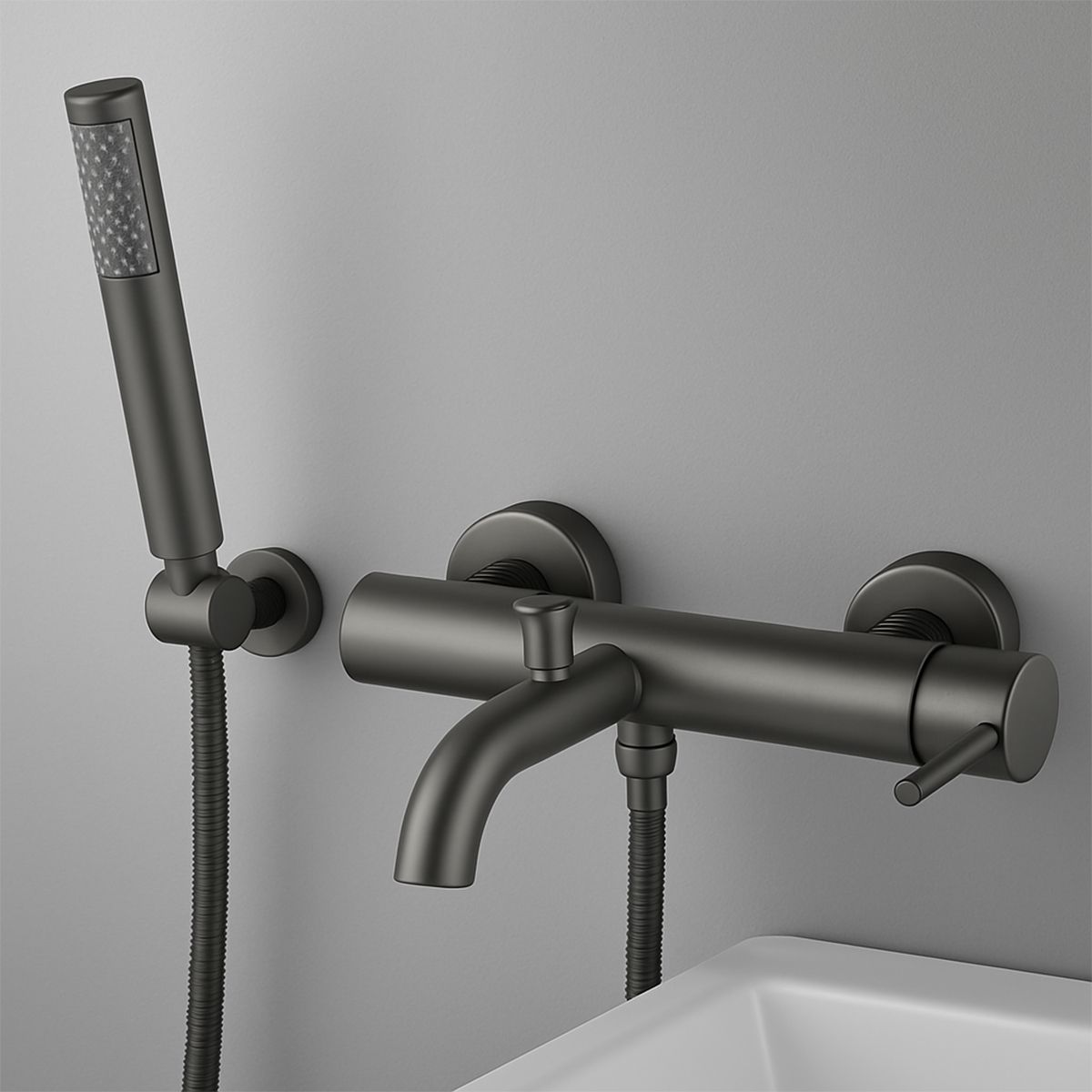 Badewannenarmatur, Wandmontage, Stahl, Handbrause, Gun Grey, Fino