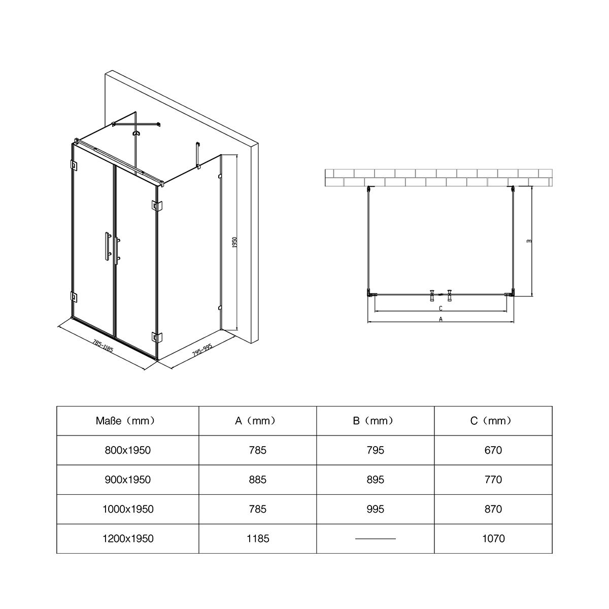 Duschkabine 40, 3 Seiten, Flügeltüren mit 180-Grad-Öffnung, 8 mm Glas, Maße 80-90 x 120 cm