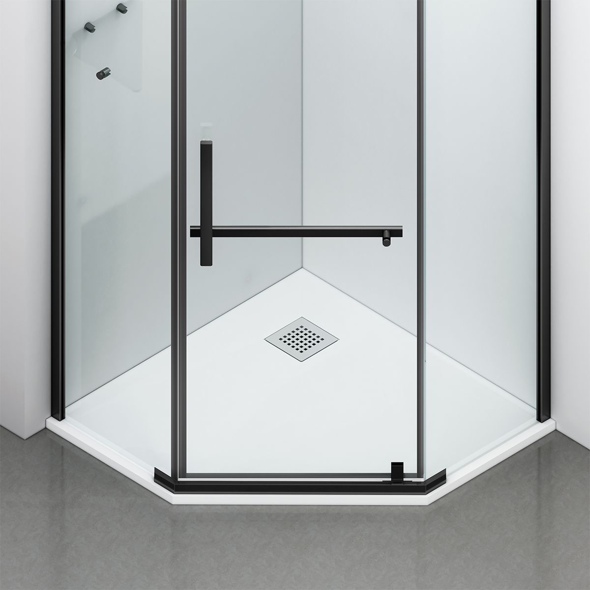 Duschkabine, pentagonal, Pendeltür, Mattschwarz, 8 mm Glas, Handtuchhalter, 2 Ablagen, 90 x 90 cm, Nano Easy Clean, Leon