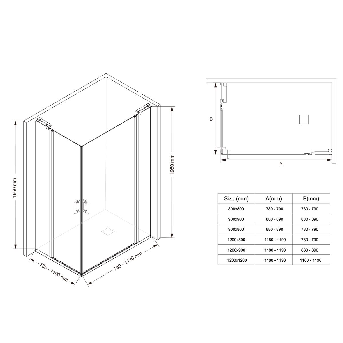 Duschkabine, Sicherheitsglas 6 mm, Transparent, Schwarz, 2 Pendeltüren, Maße: 80–90×120 cm, Axis
