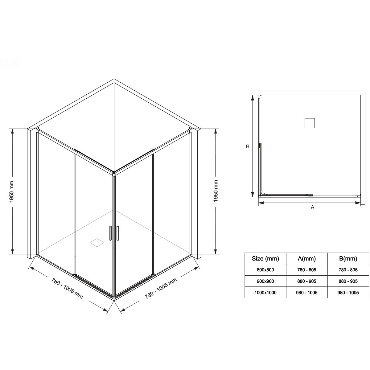 Duschkabine, 2 Schiebetüren, 6 mm Sicherheitsglas, 80-100 x 80-100 cm, mattgoldenes Profil, Medea