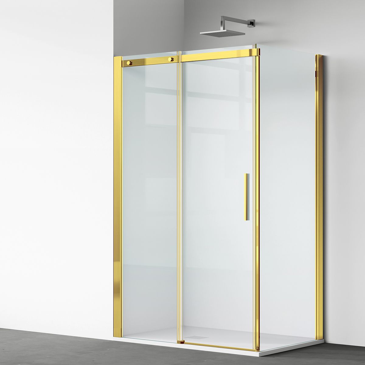 Duschkabine, fester Wand und Schiebetür, 8 mm Sicherheitsglas, Maße 80-90 x 120-140 cm, Mattgoldenes Profil, Giorgio
