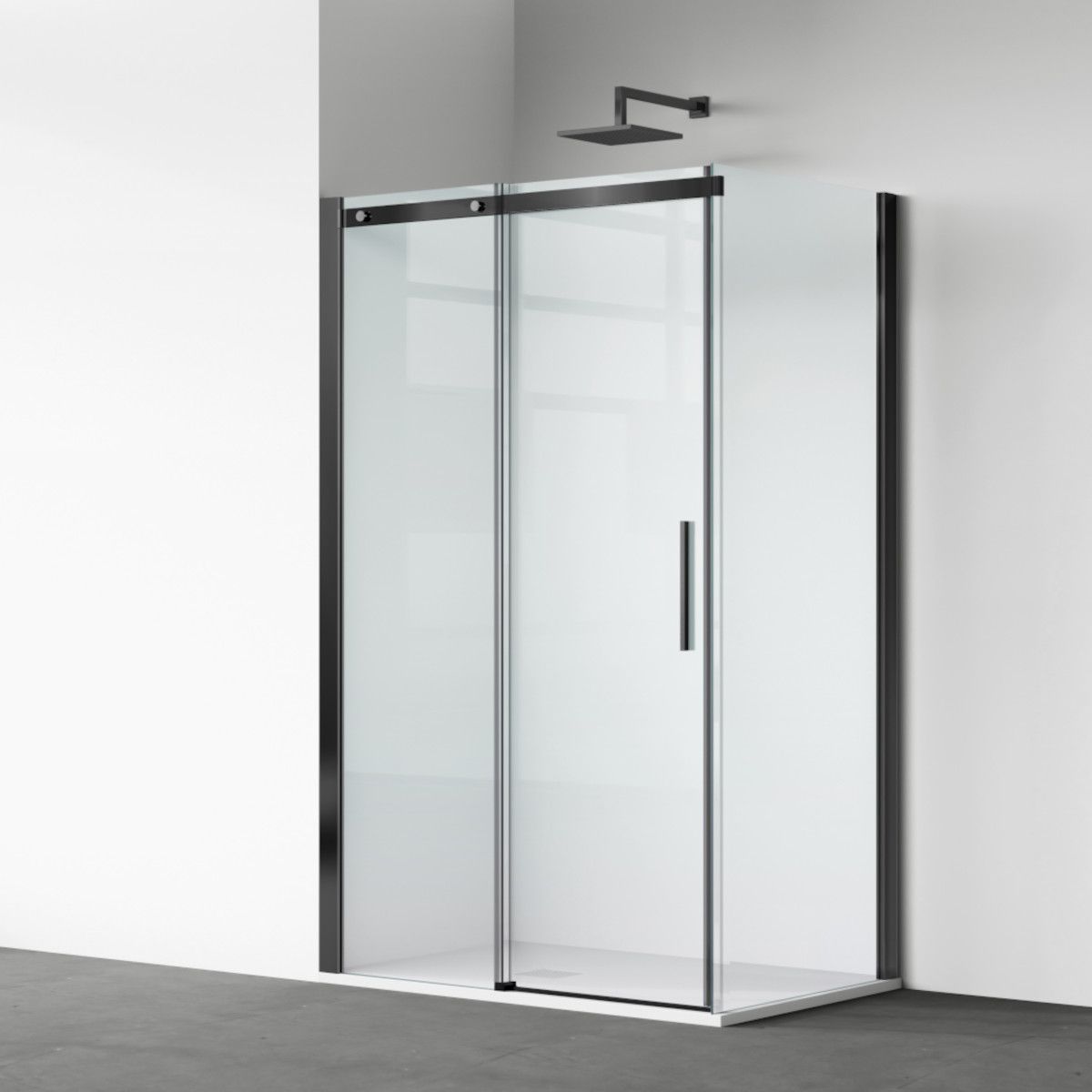 Duschkabine, fester Wand und Schiebetür, 8 mm Sicherheitsglas, Maße 80-90 x 120-140 cm, mattschwarzes Profil, Giorgio