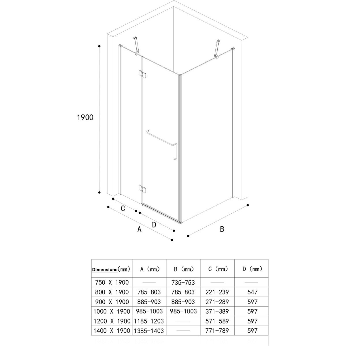 Glasduschkabine 04, feste Wand und Flügeltür, 6 mm Sicherheitsglas, Größe 75-100 x 90-140 cm