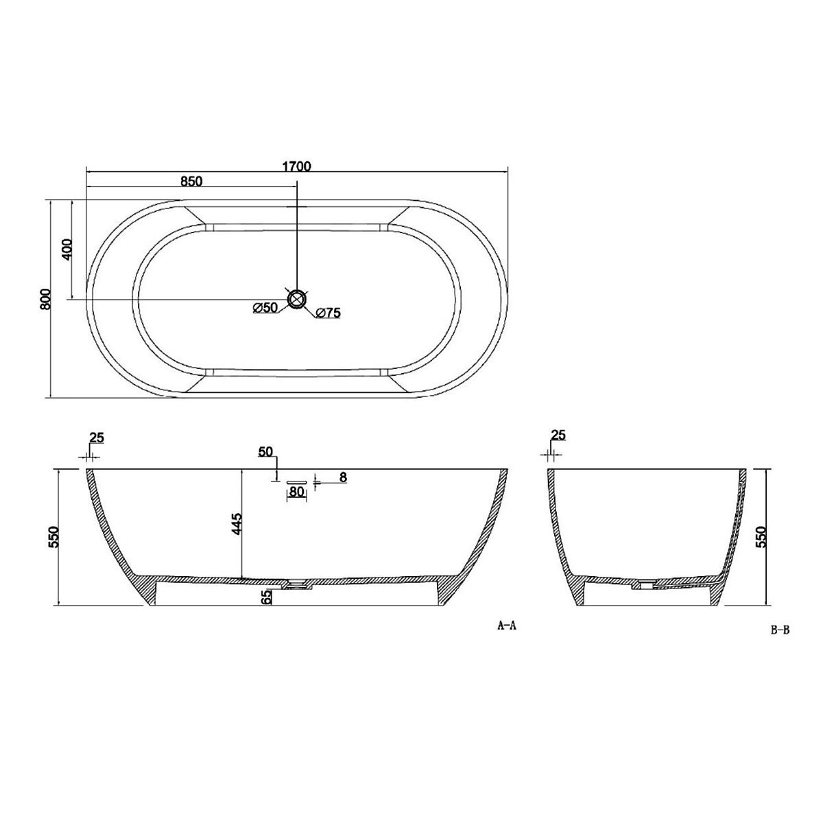 Freistehende Badewanne, CristalMood, Transparent Schwarz, 170x80 cm, mit Ablaufventil, Sole