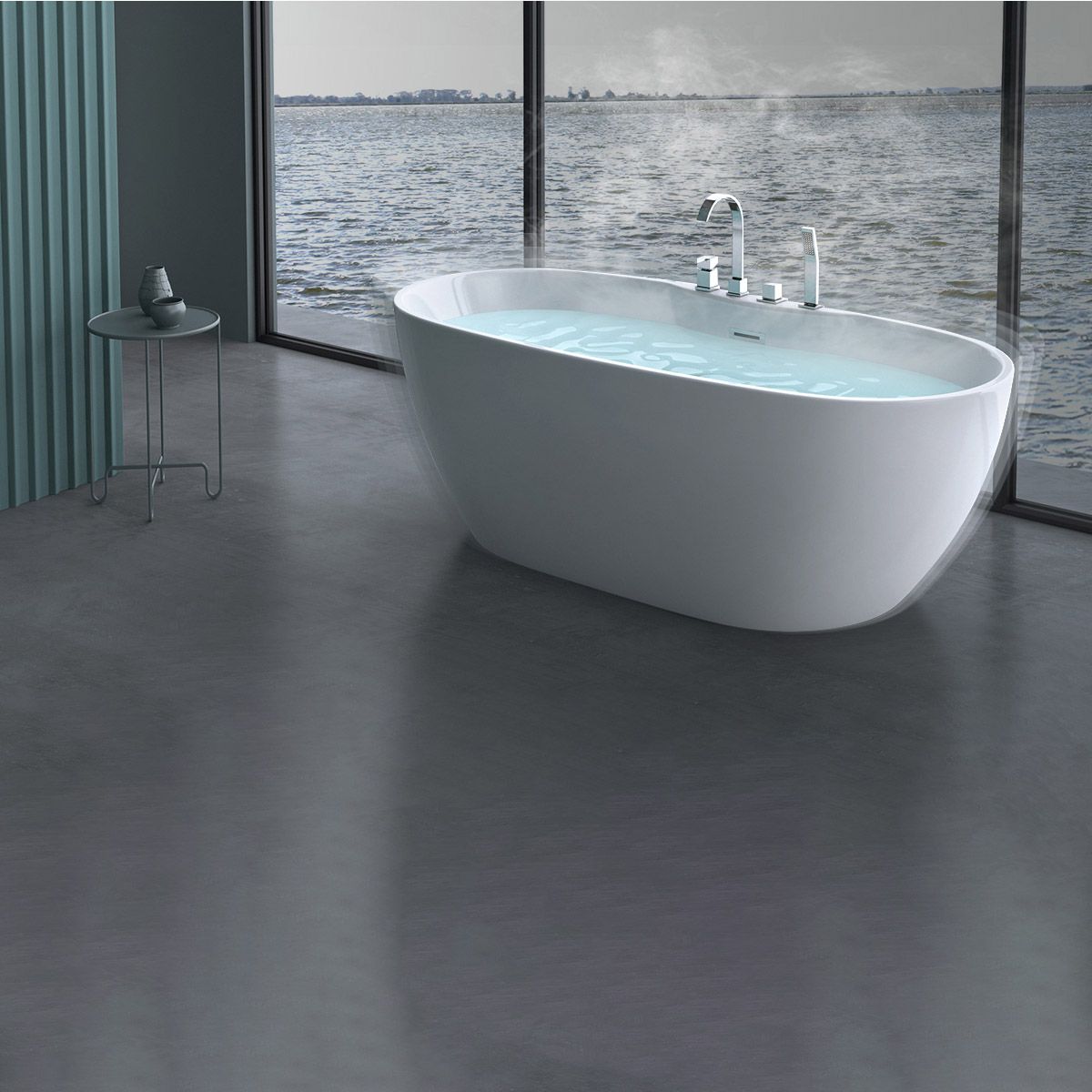 Badewanne EGO 605, freistehend, 170 cm, integrierte Armatur mit verchromtem Finish, thermoaktives Sanitäracryl, Weiß