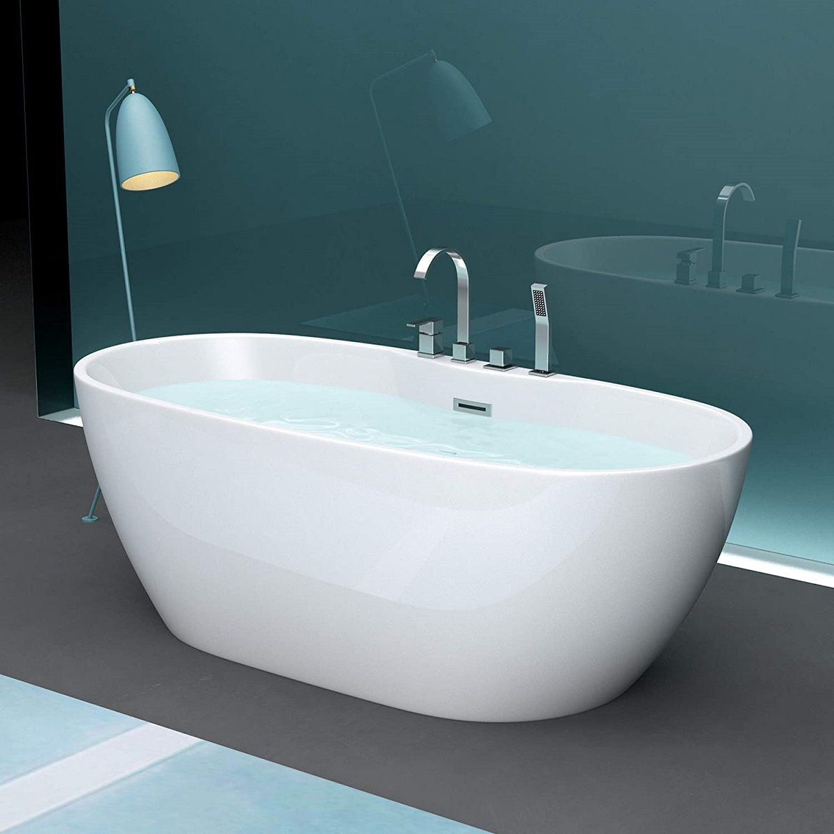 Badewanne EGO 605, freistehend, 170 cm, integrierte Armatur mit verchromtem Finish, thermoaktives Sanitäracryl, Weiß