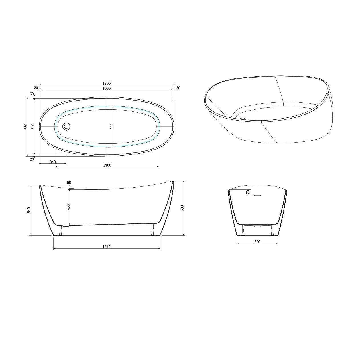 Freistehende Badewanne, Sanitäracryl, glänzend Weiß, 170x75 cm, Wärmedämmung, Ania