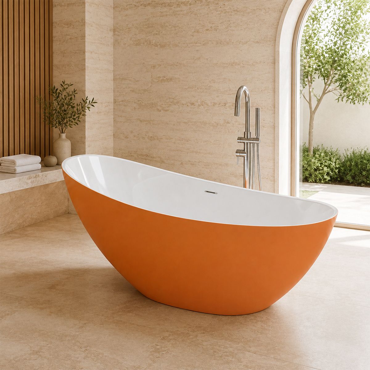 Freistehende Badewanne Acryl, inklusive verchromtem Überlaufventil, außen Orange Matt, innen Weiß Hochglanz, 160 x 80 cm, Cairo