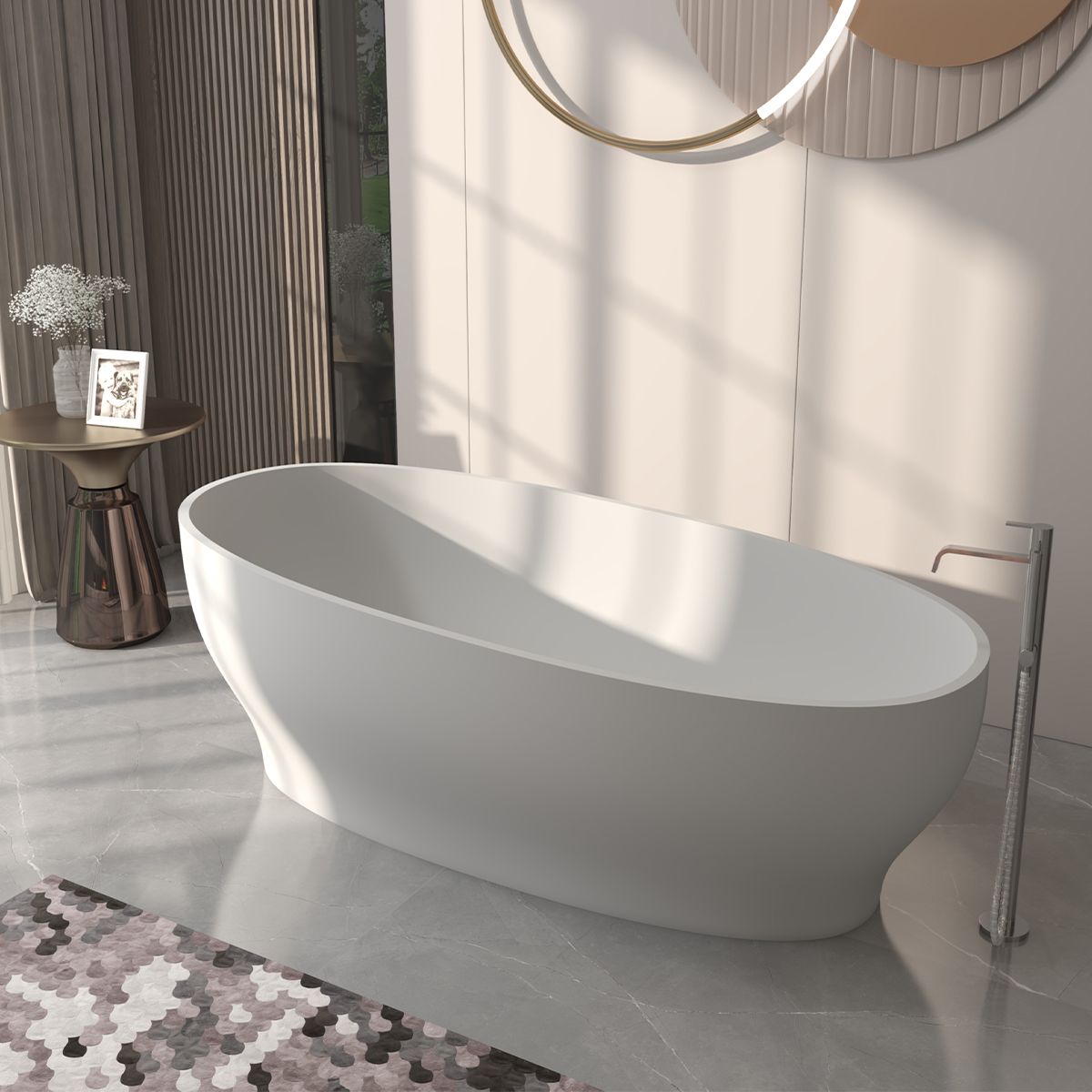 Freistehende Badewanne, Mineralkomposit, inklusive weißem Ablaufventil, glänzend Weiß, 170x85 cm, Noemi