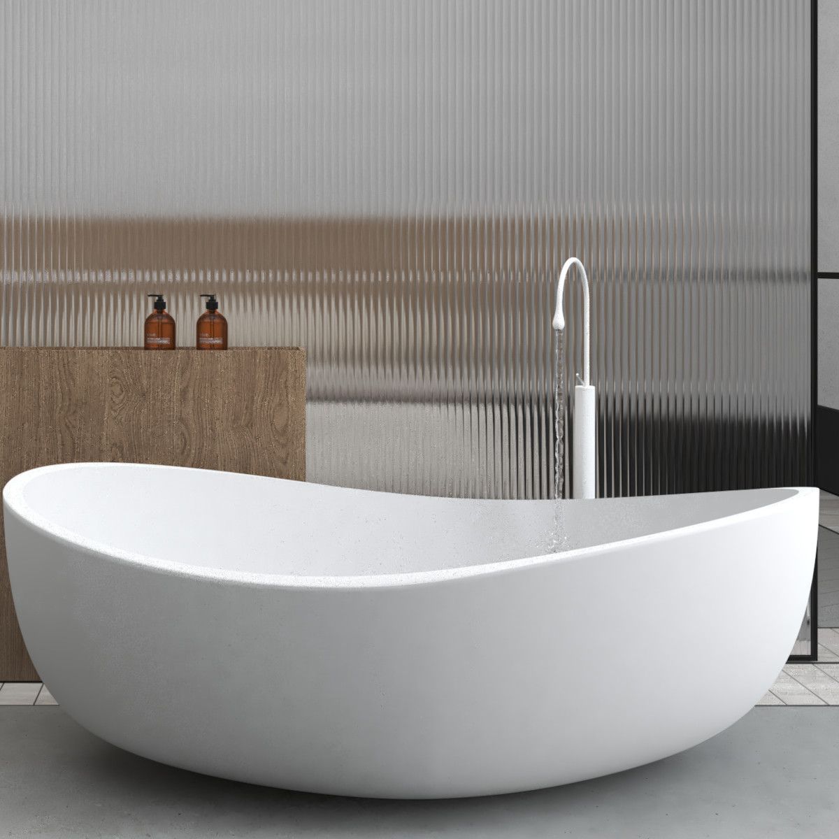 Freistehende Badewanne, Mineralkomposit, inklusive weißem Ventil, glänzend Weiß, 180x109 cm, Lirio